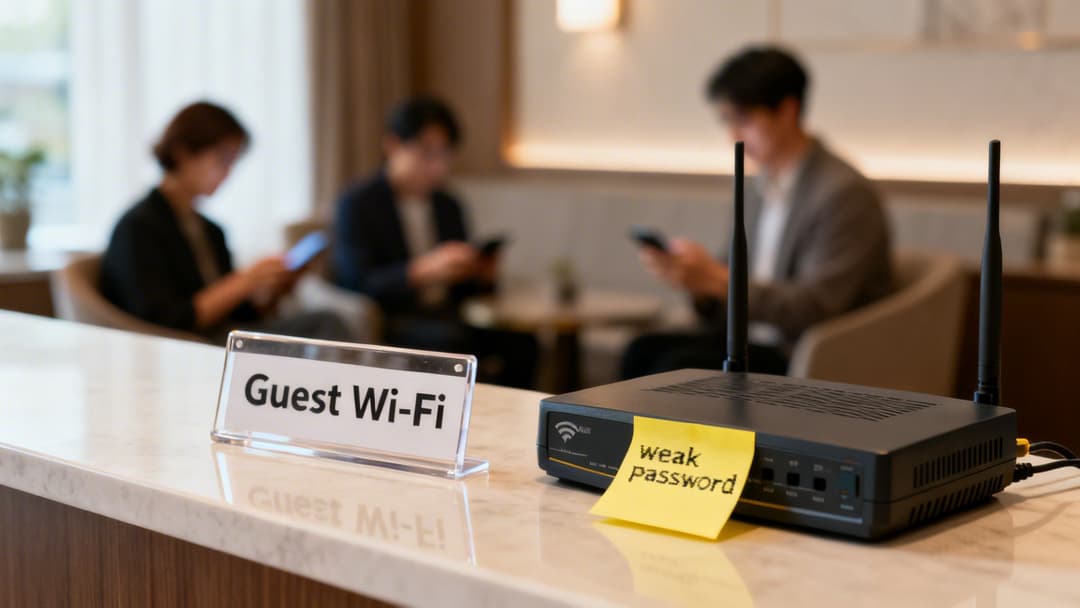 一台貼有「弱密碼」紙條的 Wi-Fi 路由器,旁邊放著「訪客 Wi-Fi」的標誌。
