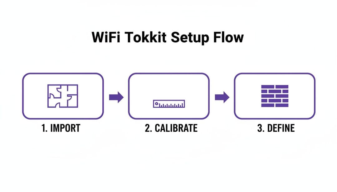 একটি তিন-ধাপের WiFi টুলকিট সেটআপ ফ্লো: হিট ম্যাপিংয়ের জন্য ইমপোর্ট, ক্যালিব্রেট এবং ডিফাইন স্টেজ।
