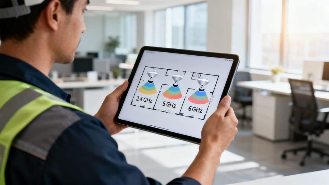 工程師使用平板電腦在辦公室中將 2.4、5 和 6 GHz 頻率的 Wi-Fi 訊號覆蓋範圍視覺化。