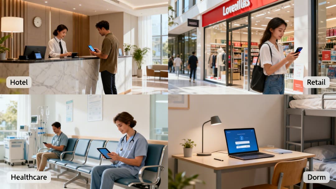 Verschiedene Umgebungen, darunter ein Hotel, ein Einzelhandelsgeschäft, eine Gesundheitseinrichtung und ein Studentenwohnheim, mit Menschen, die digitale Geräte nutzen.