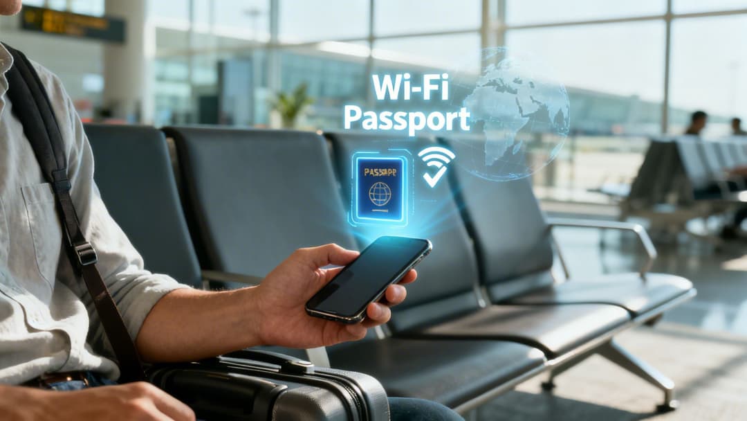Reisender an einem Flughafen, der ein Smartphone nutzt, das 'Wi-Fi Passport' für digitale Identität und Konnektivität anzeigt.