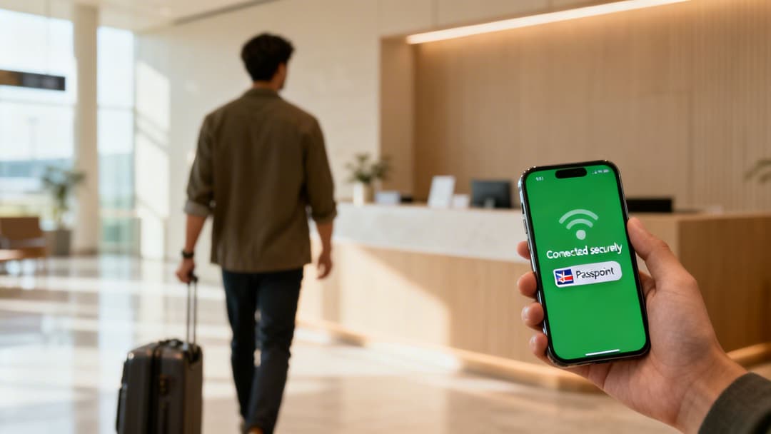 Uma mão segura um smartphone mostrando 'Conectado com segurança' com um botão de Passaporte do Reino Unido, enquanto um viajante caminha no saguão de um hotel.