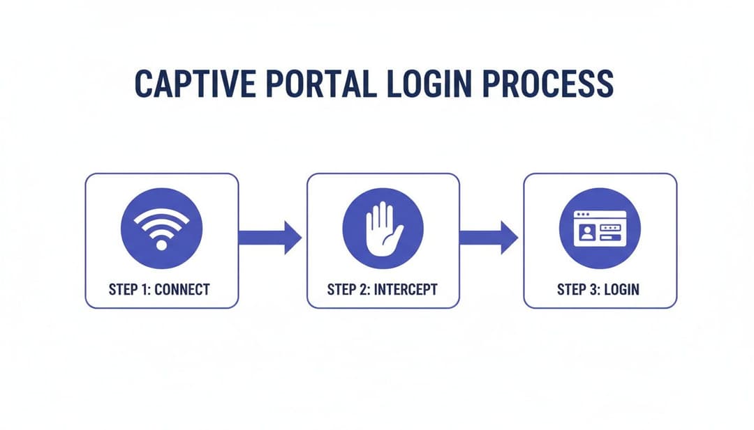 Um infográfico de três etapas ilustrando o processo de login do Captive Portal: conectar, interceptar e fazer login.