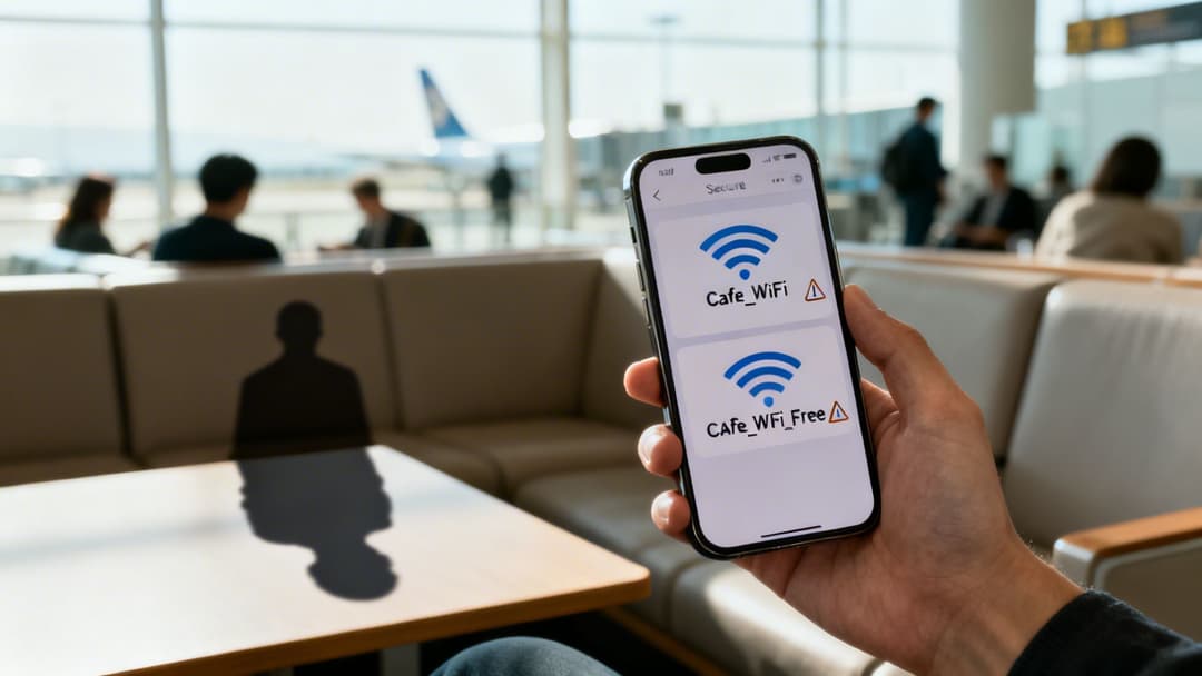 Uma pessoa segura um smartphone exibindo redes Wi-Fi não seguras em um saguão de aeroporto movimentado.