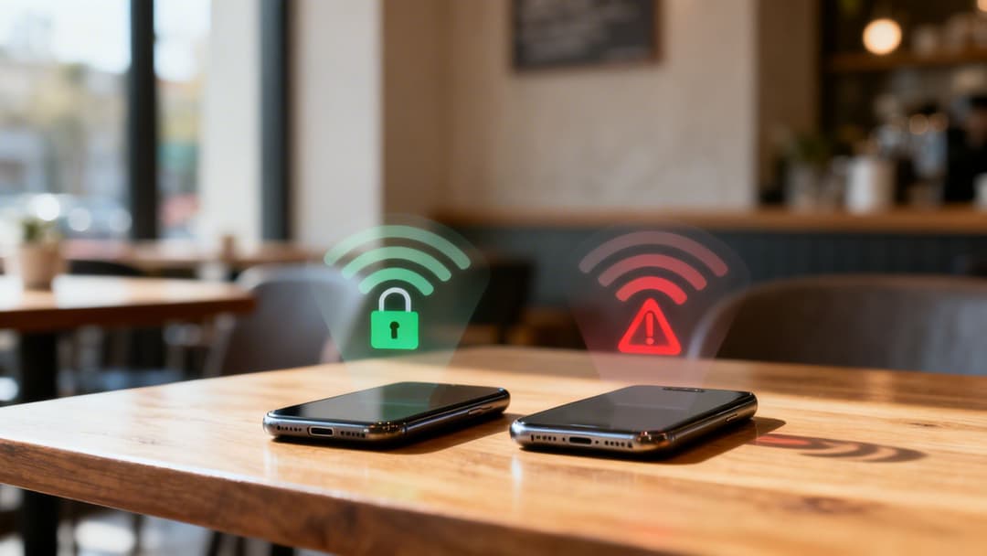 Dos smartphones en la mesa de una cafetería, uno mostrando un Wi-Fi seguro y el otro un Wi-Fi no seguro.