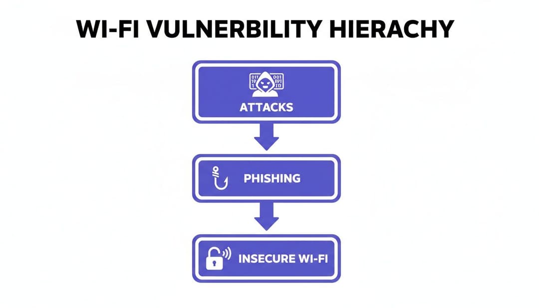 Gráfico jerárquico que ilustra las vulnerabilidades del Wi-Fi: ataques, phishing y conexiones Wi-Fi no seguras.