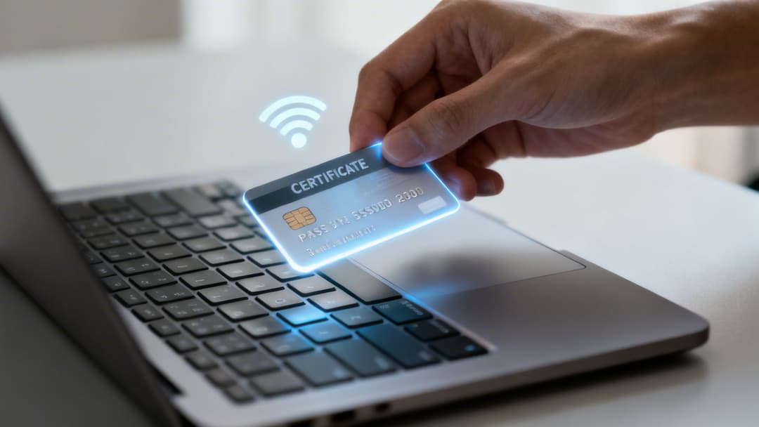 Una mano sostiene una tarjeta de certificado brillante con un símbolo de Wi-Fi sobre el teclado de un portátil, indicando transacciones en línea seguras.