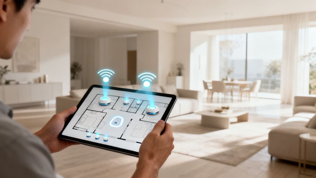 Eine Person hält ein Tablet, das einen Smart-Home-Grundriss mit beleuchteten Wi-Fi-Geräten in einem modernen Wohnzimmer anzeigt.