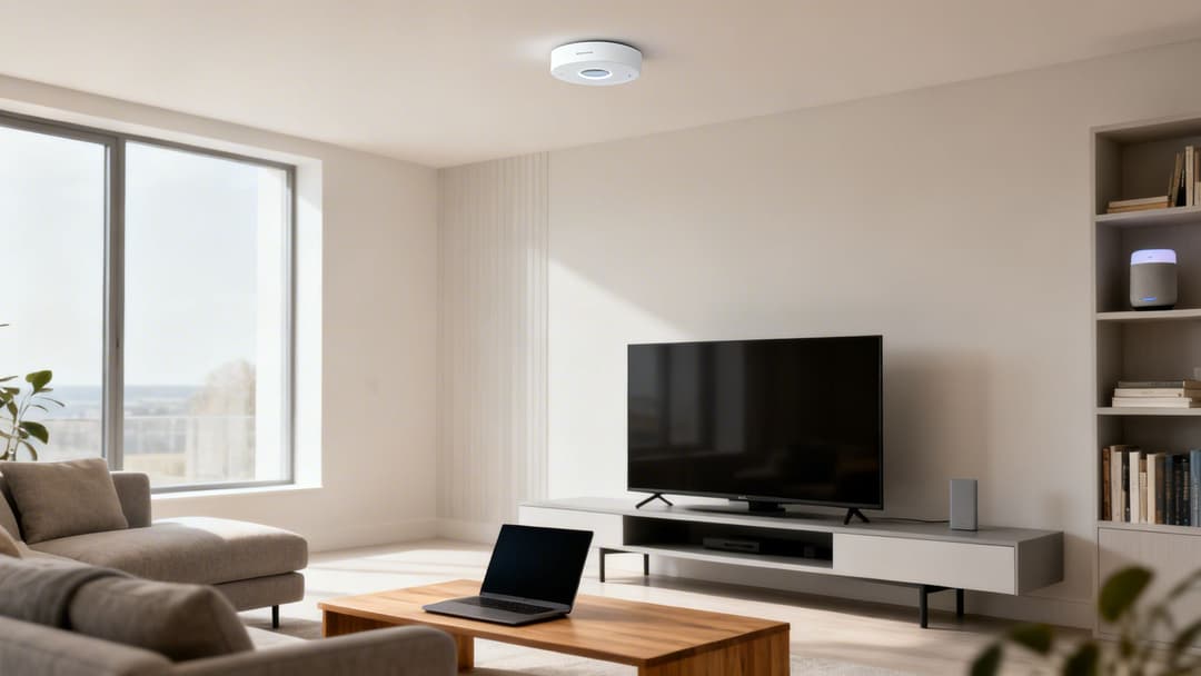 Ein helles, modernes Wohnzimmer mit Smart-Home-Geräten, einem Deckensensor und einem Smart Speaker.