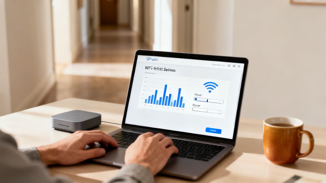 Eine Person passt die Wi-Fi-Einstellungen auf einem Laptop an, mit einem Netzwerkgerät in der Nähe.