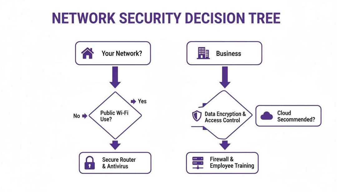 Ein Entscheidungsbaum-Diagramm zur Netzwerksicherheit, das persönliche und geschäftliche Netzwerksicherheitsmaßnahmen und Empfehlungen zeigt.