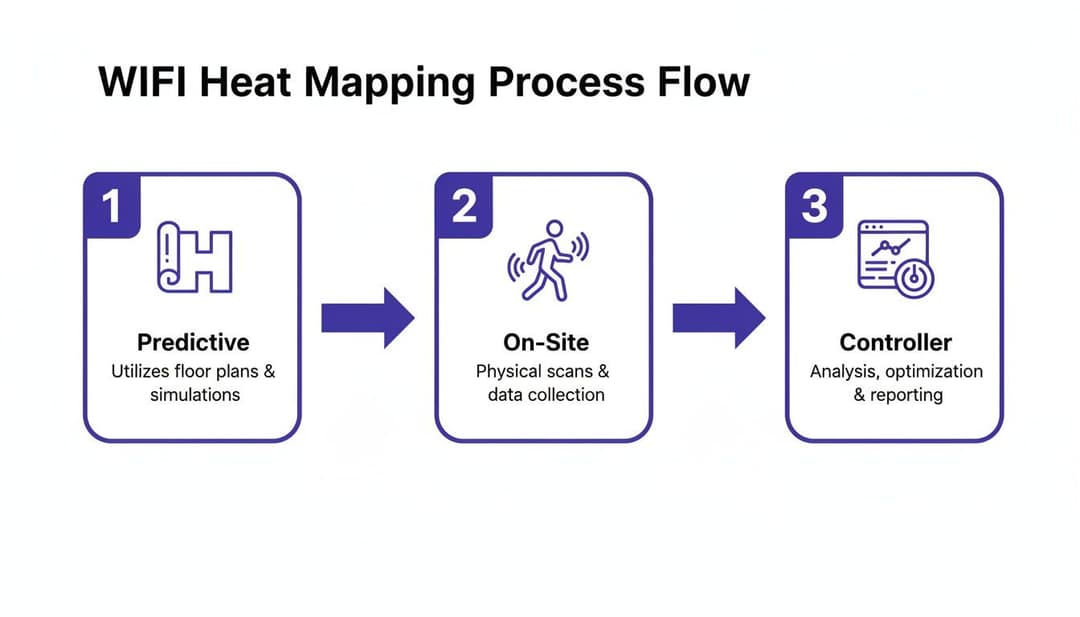 Diagramm, das den dreistufigen WiFi-Heatmapping-Prozessablauf mit Symbolen und Beschreibungen für jede Phase veranschaulicht.
