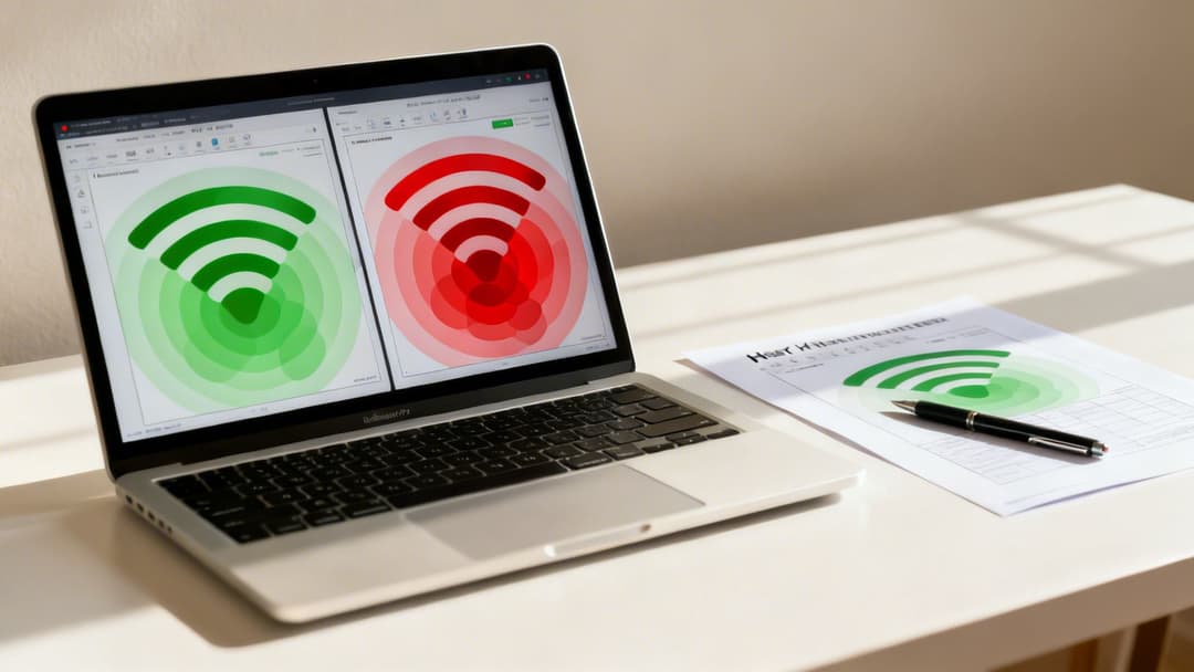 Ein Laptop zeigt grüne und rote Wi-Fi-Signalstärkenkarten, mit einem passenden Ausdruck und einem Stift auf einem weißen Schreibtisch.