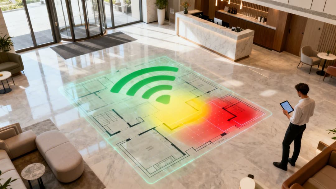Ein Mann nutzt ein Tablet, um eine holografische Wi-Fi-Signalstärken-Heatmap auf dem Grundriss einer modernen Lobby zu betrachten.