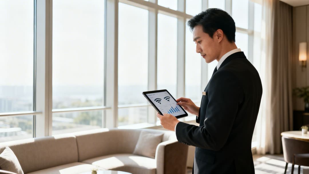 Uomo professionista con in mano un tablet che mostra analytics e grafici Wi-Fi in una luminosa lounge di un hotel.