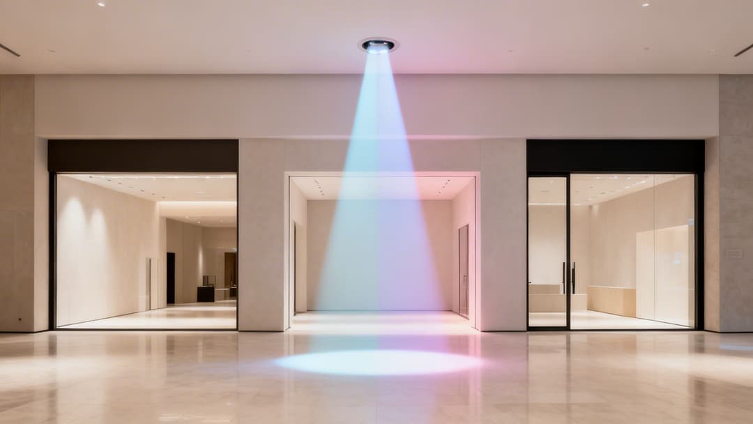 A colorful blue and pink spotlight illuminates a bright, modern hall with three doorways.