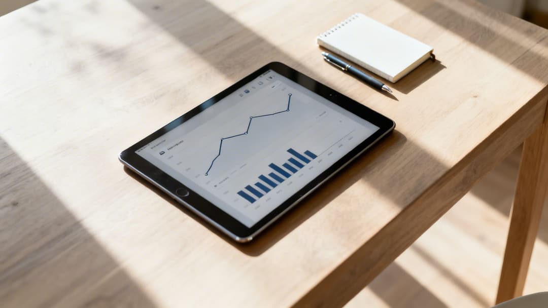 Um iPad exibindo gráficos e tabelas digitais para análise de negócios, com um caderno e caneta em uma mesa de madeira.