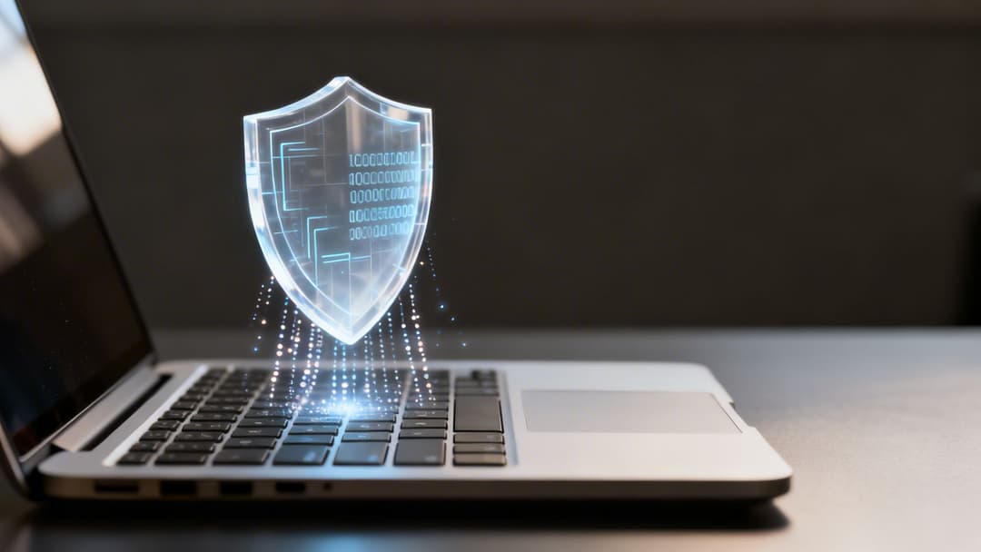 Um ícone de escudo holográfico brilhante com código binário paira sobre o teclado de um laptop, simbolizando a proteção de dados.