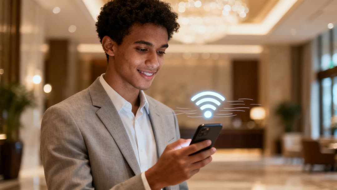 Jovem sorridente de terno usando um smartphone com um símbolo de Wi-Fi brilhante em um saguão moderno.