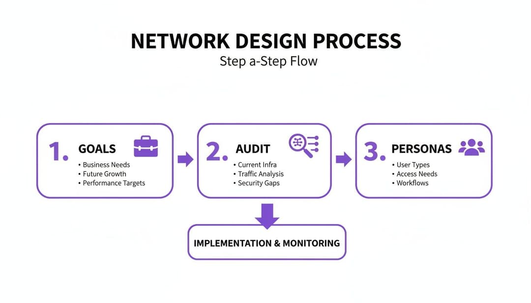 Un diagrama de flujo que describe el proceso de diseño de red con pasos para objetivos, auditoría, perfiles e implementación.
