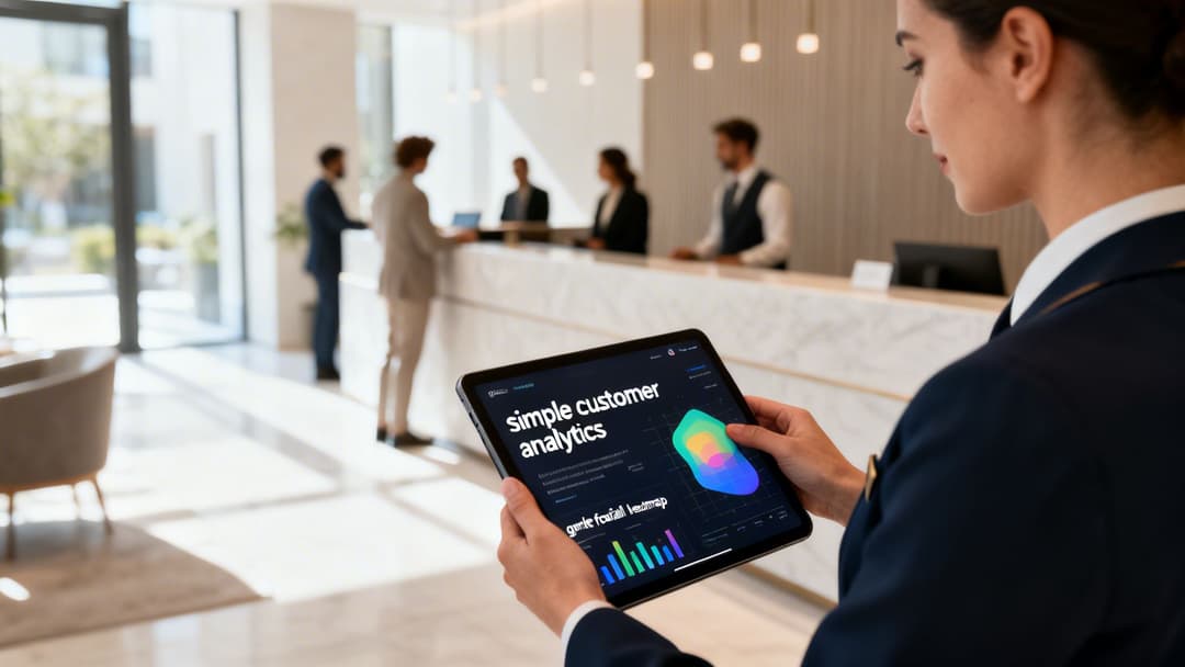 Una mujer sostiene una tablet que muestra "análisis de clientes simples" con gráficos coloridos en un área de recepción moderna.