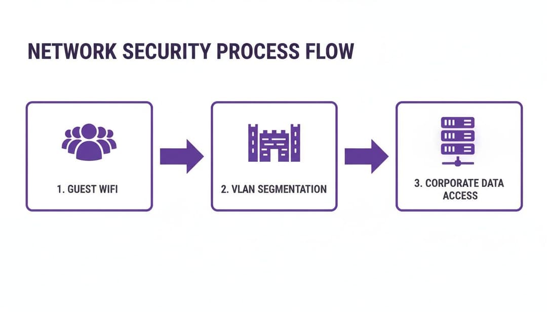 Ein Prozessflussdiagramm zur Netzwerksicherheit, das Gäste-Wi-Fi, VLAN-Segmentierung und den Zugriff auf Unternehmensdaten detailliert darstellt.
