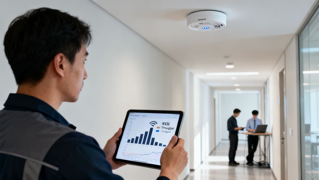 Ein Techniker überwacht die Wi-Fi-Signalstärke auf einem Tablet in der Nähe eines an der Decke montierten Access Points in einem Büro.