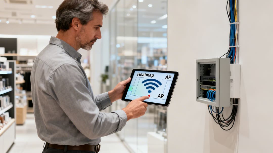 Ein Mann nutzt ein Tablet, um die Wi-Fi-Signal-Heatmap in einem gewerblichen Gebäude zu überprüfen.