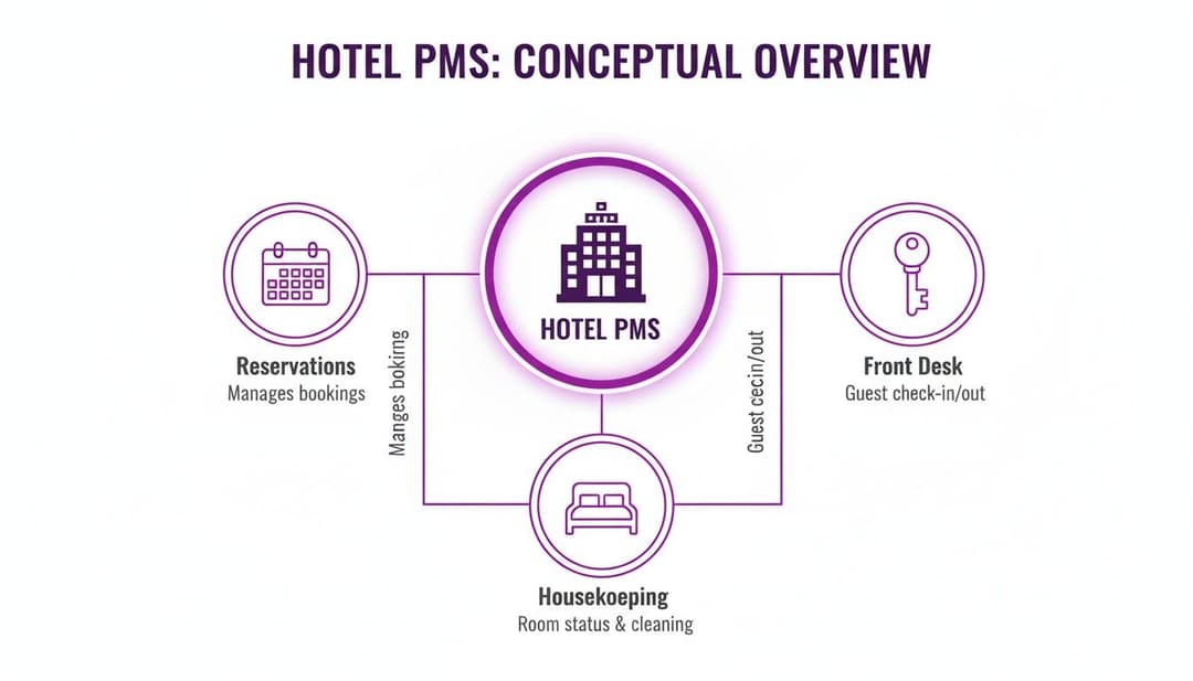 Conceptual overview of a Hotel PMS demonstrating connections between reservations, front desk, and housekeeping modules.