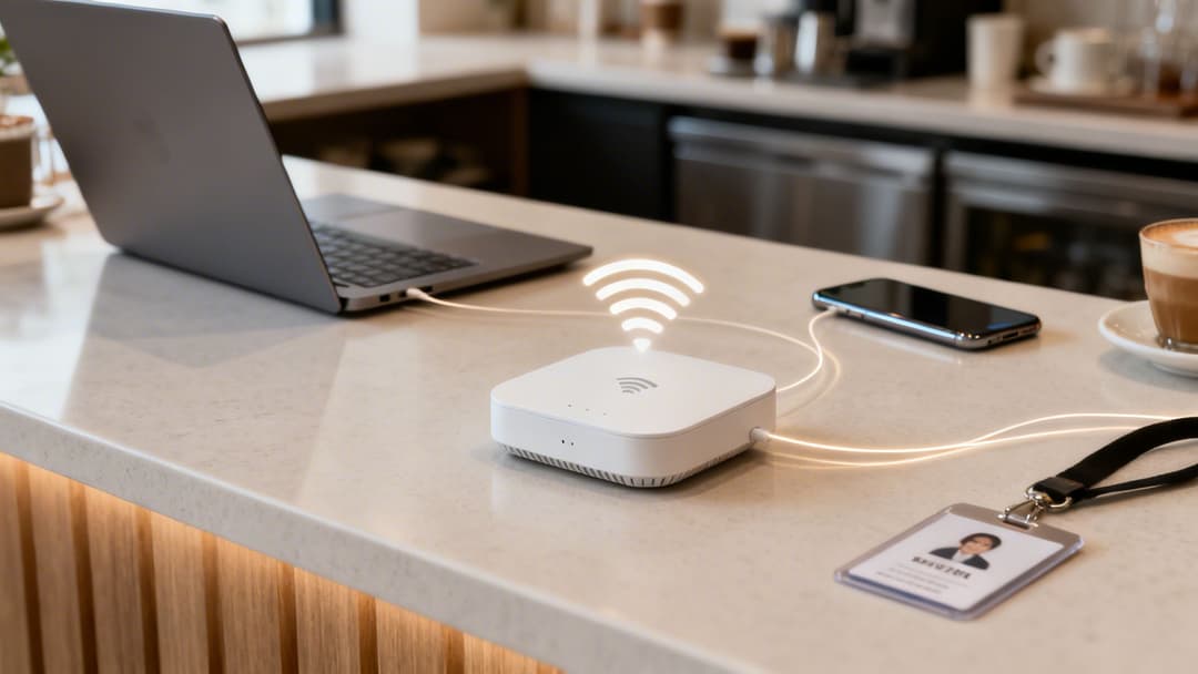 Un hub de maison intelligente blanc avec un signal WiFi lumineux connecte un ordinateur portable et un smartphone sur un plan de travail.
