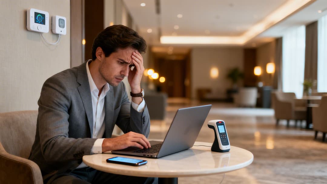 Un homme stressé utilise un ordinateur portable, entouré de divers appareils connectés dans un cadre moderne.