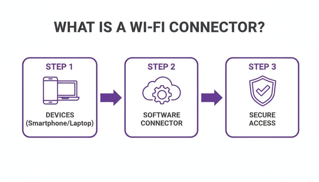 Diagrama que ilustra el proceso de un conector Wi-Fi, mostrando dispositivos que se conectan a través de software para un acceso seguro.