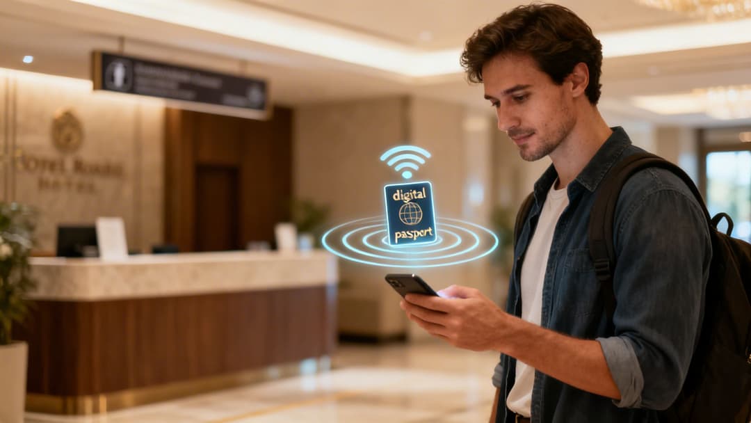 Un hombre en el vestíbulo de un hotel utiliza su smartphone, mostrando el icono de un pasaporte digital con señal Wi-Fi, lo que representa los viajes modernos.