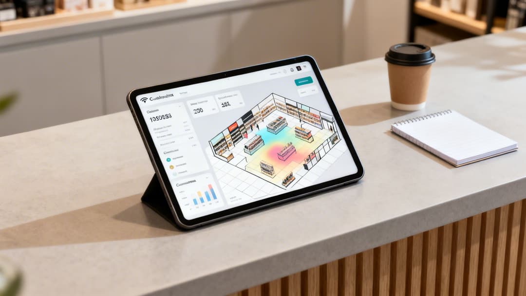Una tableta en un mostrador muestra el plano de una tienda minorista con un mapa de calor, una taza de café y un cuaderno.