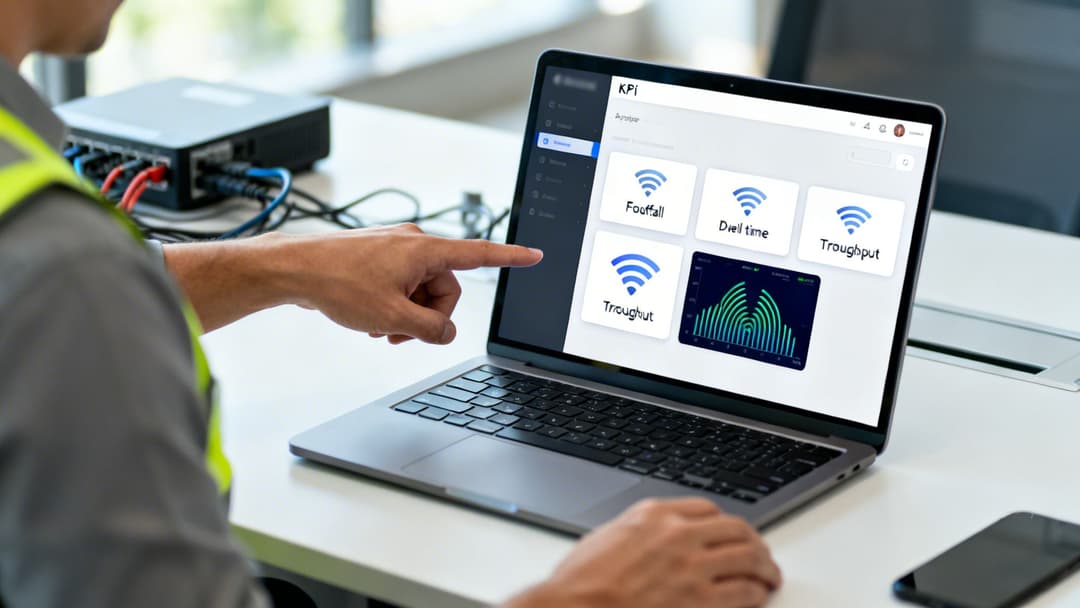Uma pessoa com colete de segurança aponta para um laptop exibindo um painel de KPI com métricas e gráficos de força do sinal Wi-Fi. Switch de rede ao fundo.