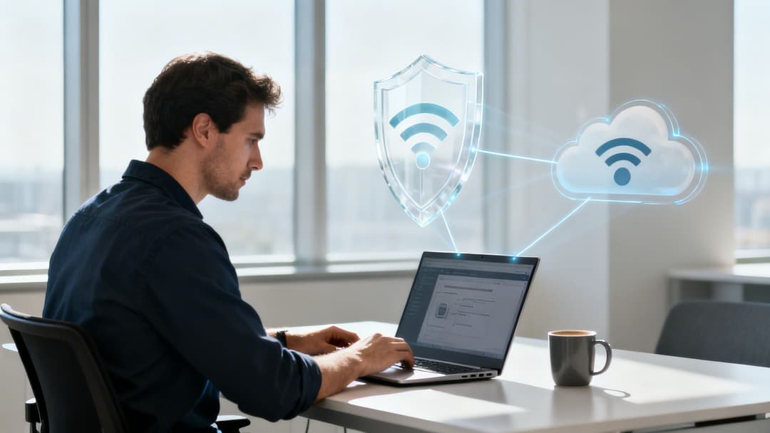 Man using laptop with digital WiFi shield and cloud icons, symbolizing secure network connection.