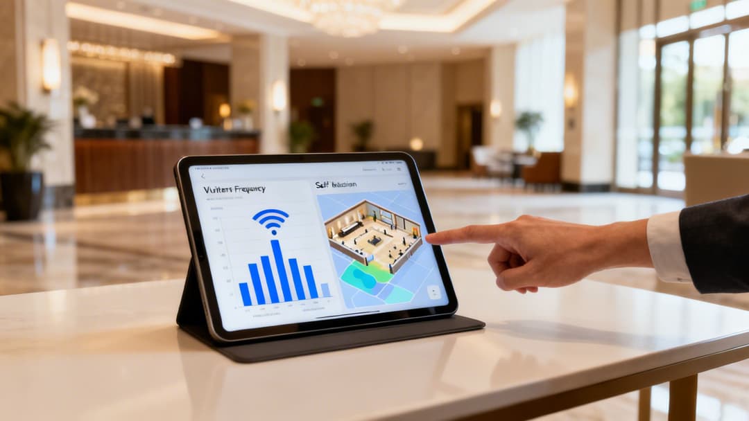 A hand interacts with a tablet showing WiFi visitor frequency data and a 3D floor plan in a modern hotel lobby.