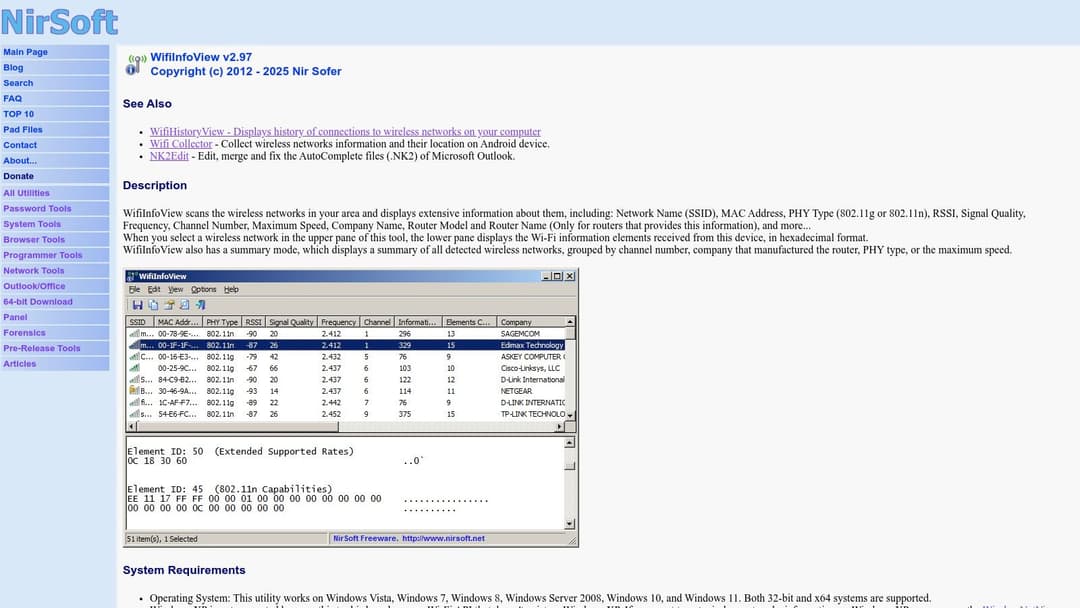 WifiInfoView displaying a list of available Wi-Fi networks and their detailed properties, a key feature of this wifi analyser application.