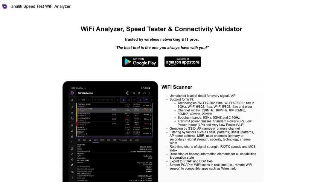 analiti – Speed Test WiFi Analyzer displaying detailed network information on an Android device