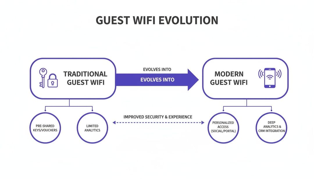 Diagramme contrastant le Guest WiFi traditionnel avec les solutions modernes, soulignant les améliorations en matière de sécurité et d'expérience.
