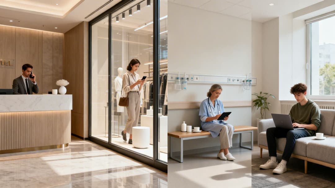 Personnes dans le hall d'un hôtel moderne et dans la salle d'attente d'un hôpital utilisant des téléphones, des tablettes et des ordinateurs portables.