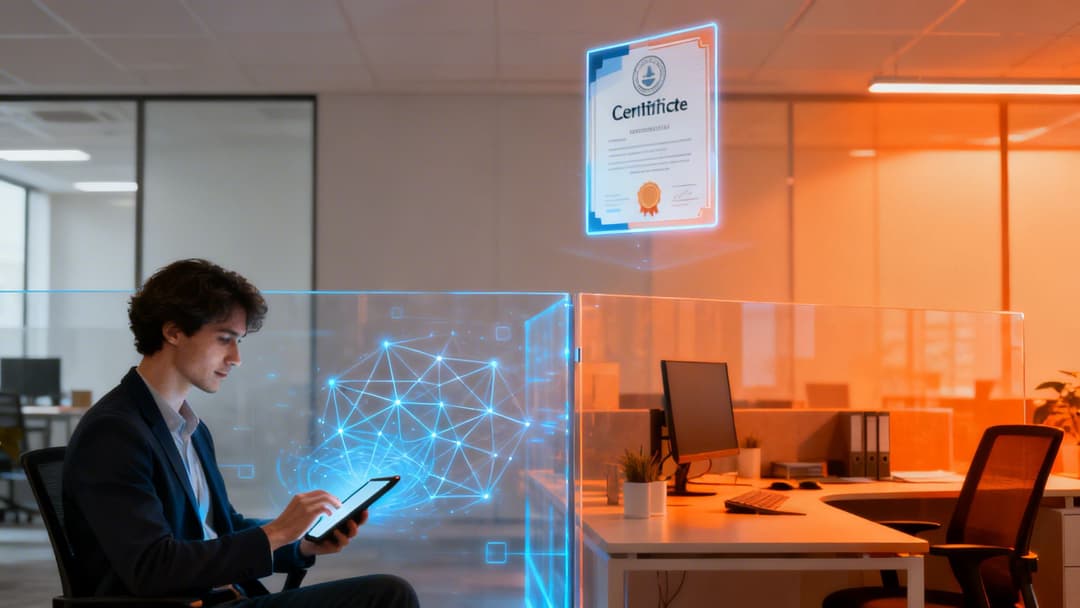 Jeune homme utilisant une tablette numérique avec un certificat holographique et un réseau blockchain dans un bureau.