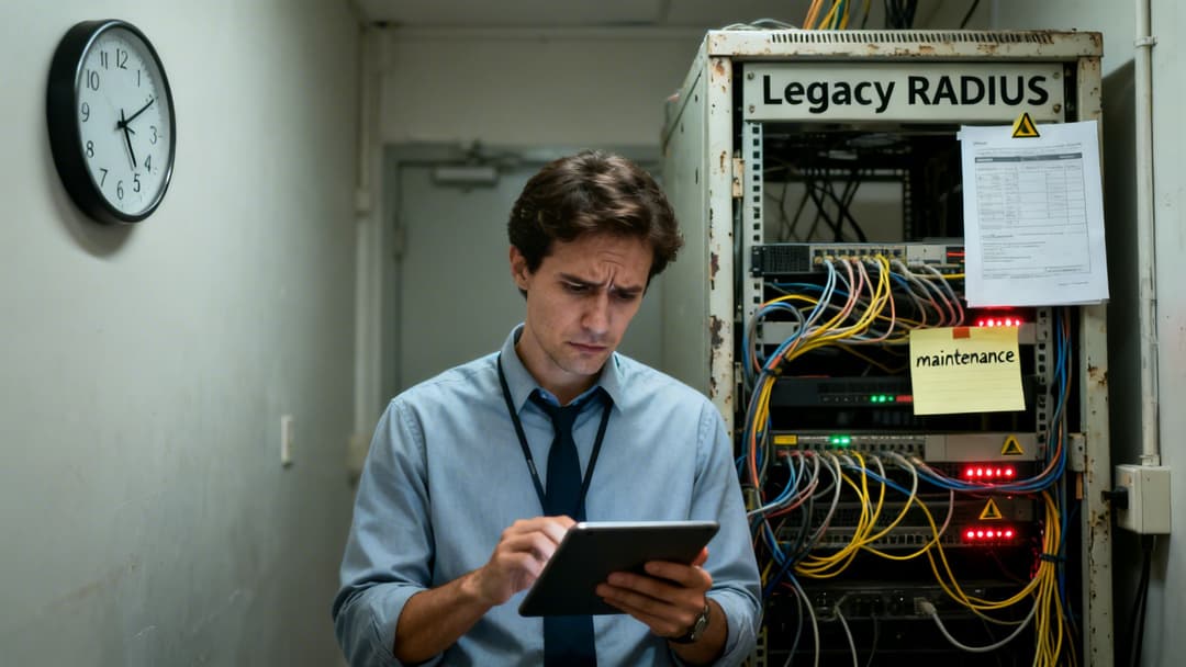 Un professionista IT preoccupato risolve i problemi di un server 'RADIUS legacy' con un tablet, indicando la manutenzione.