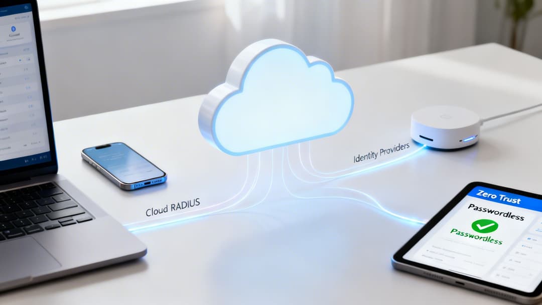 Un render 3D che illustra il RADIUS cloud e i provider di identità che connettono i dispositivi per una sicurezza passwordless zero trust.