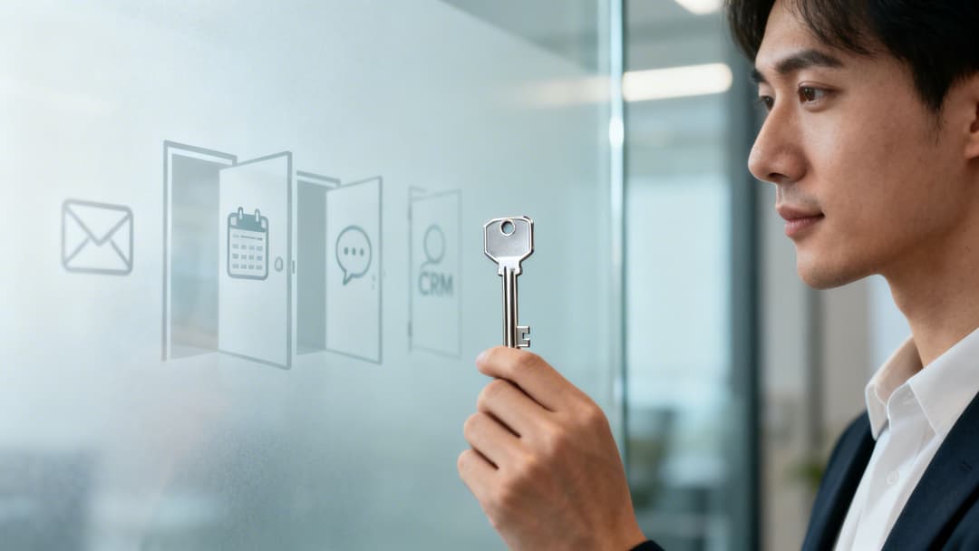Un homme tient une clé devant un verre dépoli avec des icônes d'applications telles que l'e-mail, le calendrier et le CRM.