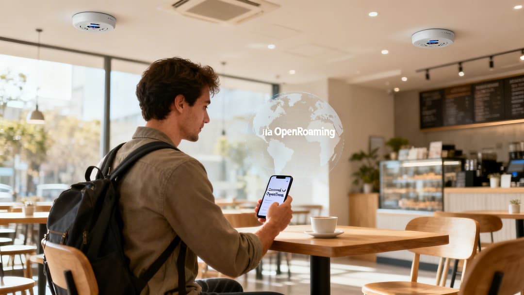 Ein Mann in einem Café benutzt sein Telefon, das den Text "OpenRoaming" anzeigt, mit Wireless Access Points an der Decke.