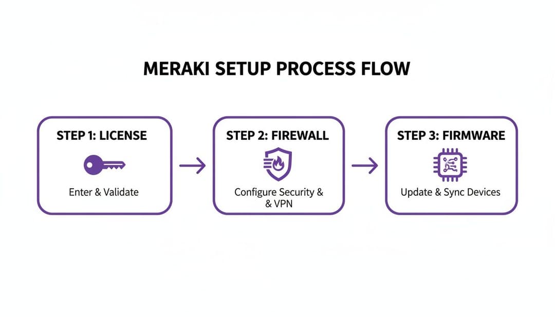 Ein Flussdiagramm des Meraki-Setup-Prozesses zeigt drei Schritte: Lizenzvalidierung, Firewall-Konfiguration und Firmware-Updates.