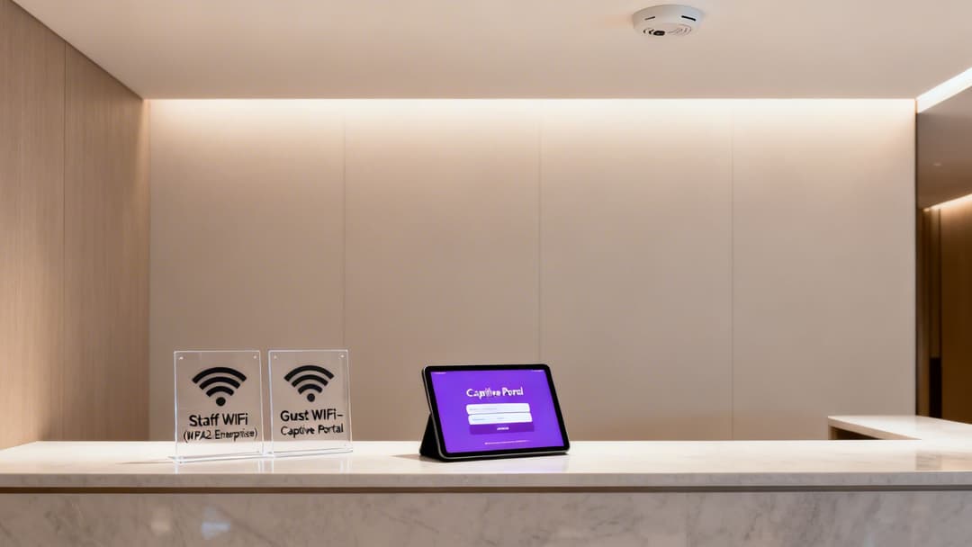 Eine moderne Rezeption mit zwei Schildern für Mitarbeiter- und Gast-WiFi sowie einem Tablet, das ein Captive Portal anzeigt.