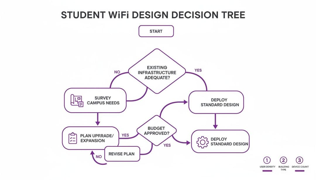 Diagrama de flujo que muestra el proceso del Árbol de Decisiones de Diseño de WiFi para Estudiantes, desde la evaluación hasta la implementación.