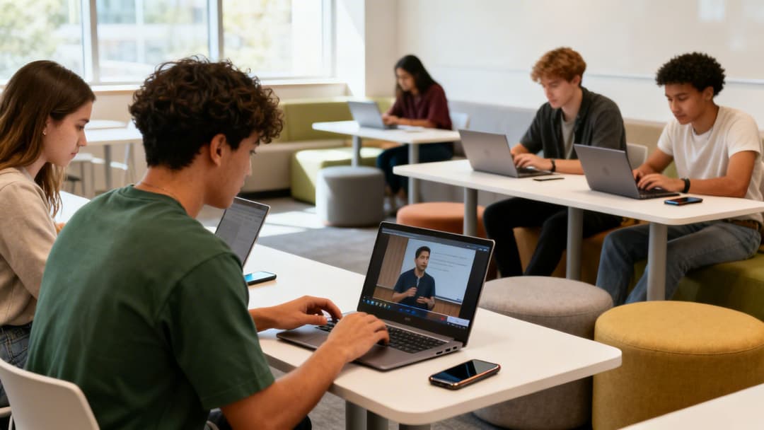 Diversos estudiantes usan laptops en un área de estudio luminosa del campus, uno ve una clase en video.